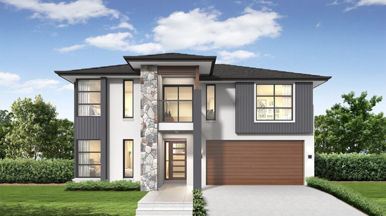 A contemporary two-story home featuring a stone accent wall, large windows, and a spacious garage, set against a lush green lawn and blue sky, exemplifying modern residential architecture.