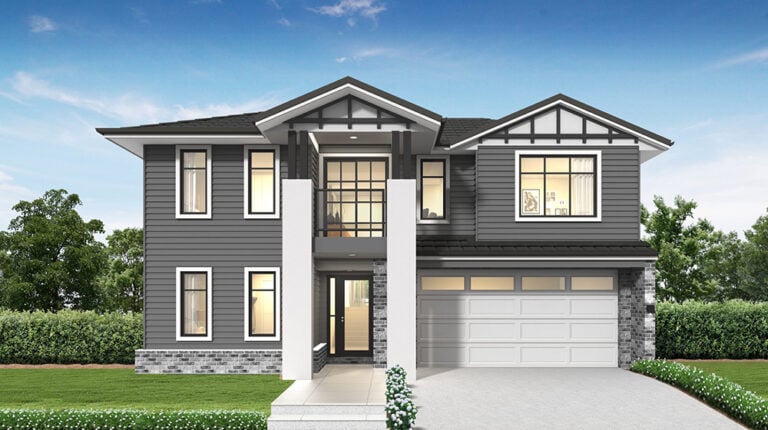 Beautiful modern two-story family house featuring a spacious garage, large windows, and contemporary design, set in a lush green landscape under a clear blue sky.