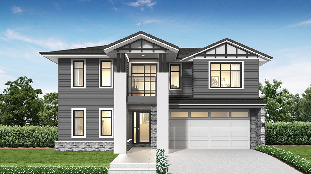 Beautiful modern two-story family house featuring a spacious garage, large windows, and contemporary design, set in a lush green landscape under a clear blue sky.