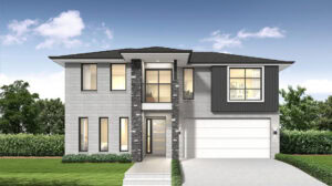 Contemporary two-story house featuring a sleek design, large windows, and a spacious garage, set in a lush green landscape under a bright blue sky.