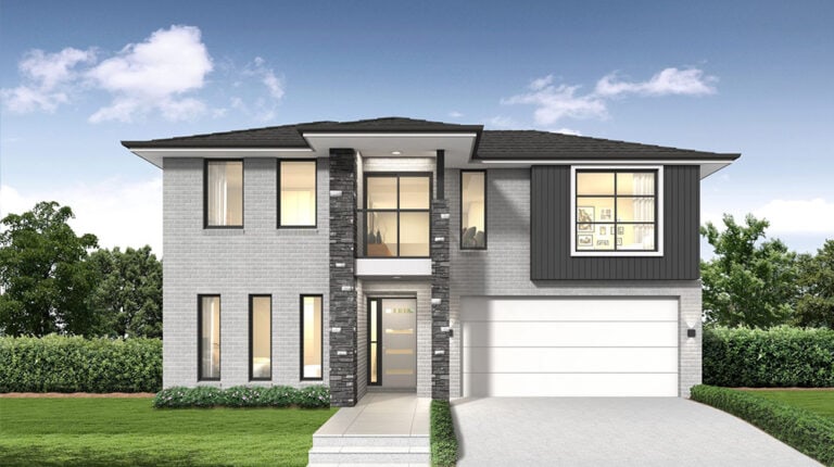 Contemporary two-story house featuring a sleek design, large windows, and a spacious garage, set in a lush green landscape under a bright blue sky.