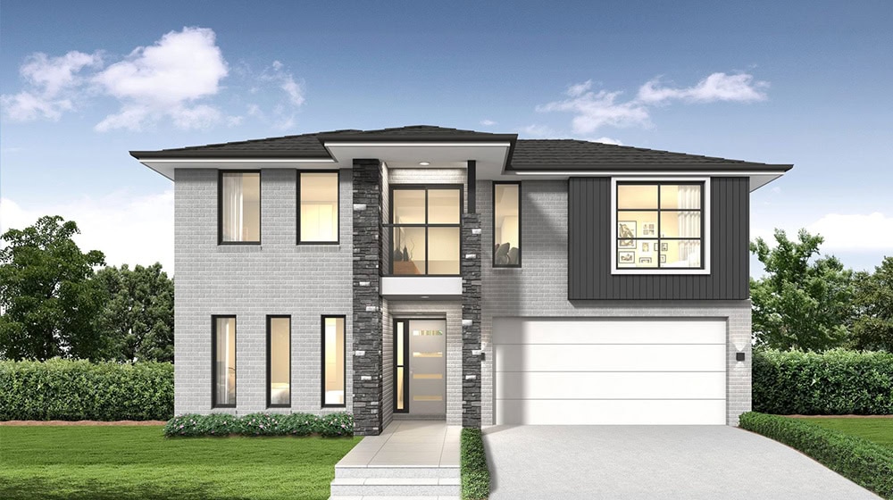 Contemporary two-story house featuring a sleek design, large windows, and a spacious garage, set in a lush green landscape under a bright blue sky.