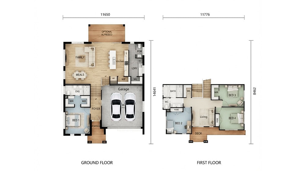 Detailed floor plan of a modern family home featuring a ground floor with garage, living areas, and a bedroom, and a first floor with additional bedrooms, living space, and outdoor deck.