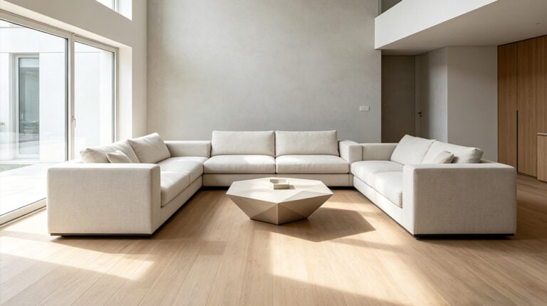 Bright and spacious living room featuring a large, white sectional sofa with clean lines, natural light from large windows, and a contemporary geometric coffee table.