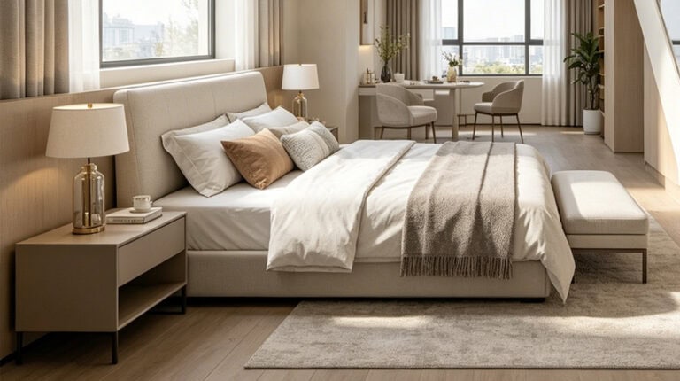 Elegant bedroom featuring a comfortable bed, soft linens, and stylish decor, ideal for a relaxing retreat.