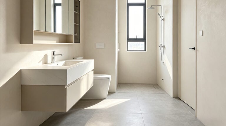 A contemporary bathroom featuring a minimalist design with neutral-colored walls, a modern vanity, a toilet, and a walk-in shower with a window for natural light.