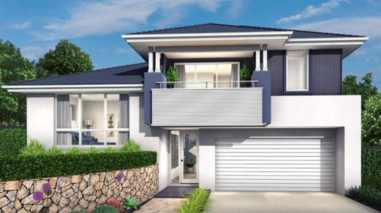 Contemporary Cairo house featuring modern architecture, spacious balcony, large windows, and a sleek garage, set against a lush green backdrop.