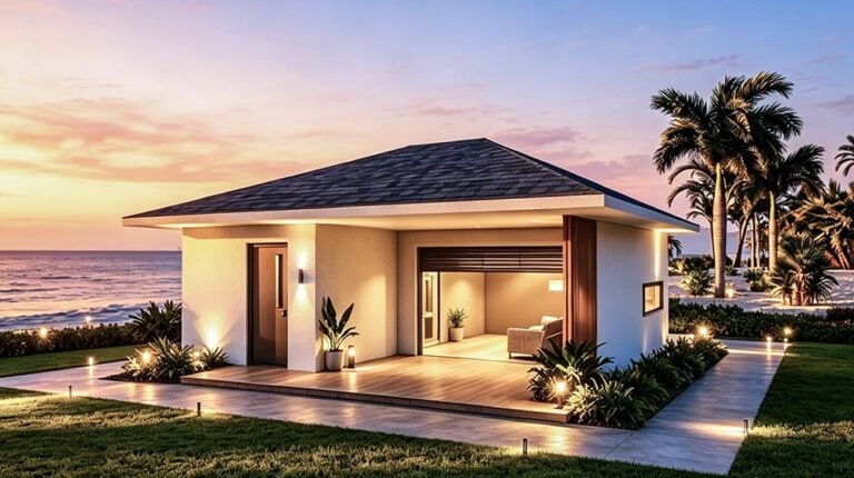 Contemporary social house by the beach featuring open living space, modern design, and tropical landscaping, perfect for relaxing and entertaining in a coastal setting.