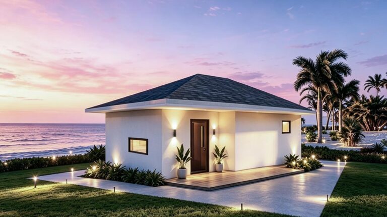 A contemporary beach house with white exterior walls, surrounded by palm trees and lush landscaping, illuminated by soft outdoor lighting during sunset.