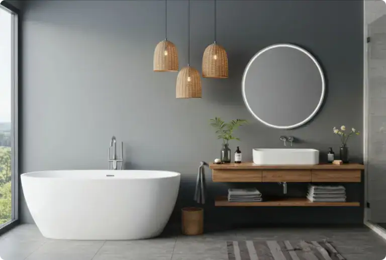 Contemporary bathroom featuring a white freestanding bathtub, wooden vanity with round mirror, pendant lights, and large window with scenic view.