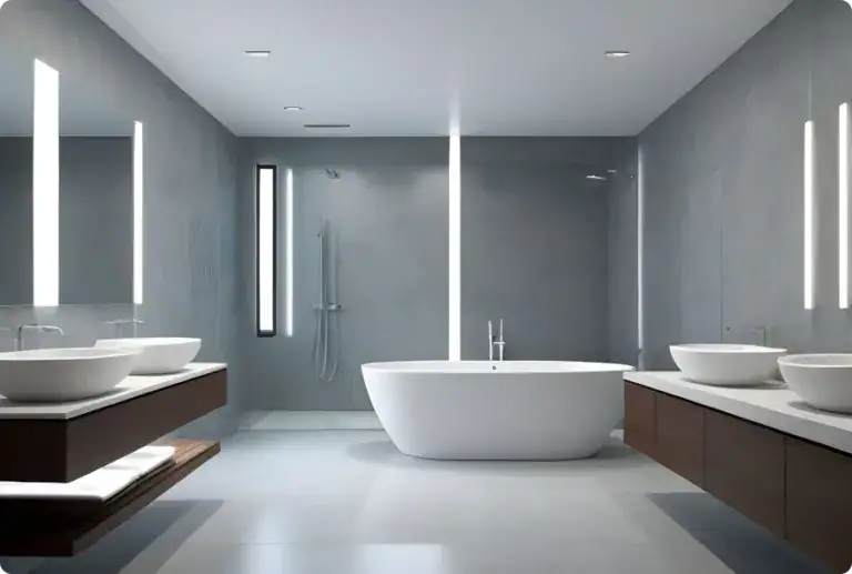 Modern minimalist bathroom featuring a sleek freestanding bathtub, double vanity with vessel sinks, and contemporary lighting, emphasizing clean lines and a neutral color palette for a luxurious, spa-.