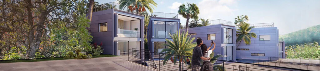 Edificio prefabbricato contemporaneo dal design elegante, con ampie finestre e un rigoglioso paesaggio circostante, che mette in mostra soluzioni costruttive innovative per progetti globali.