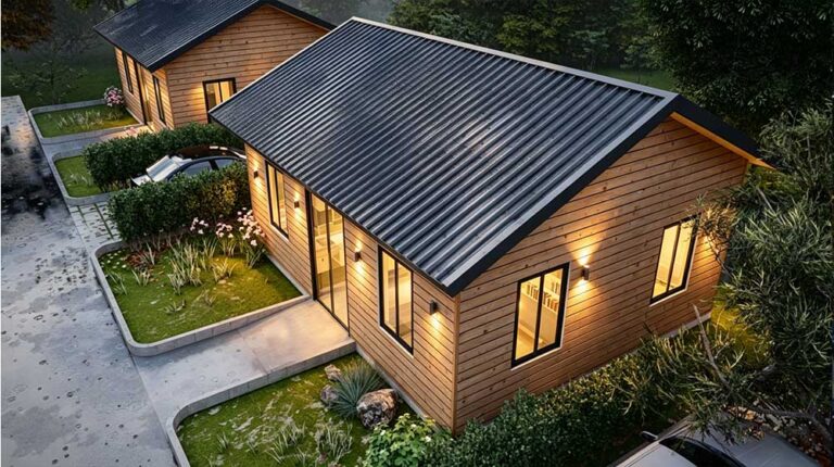 Brightly lit modular prefab home with wooden exterior and metal roof, surrounded by lush greenery and landscaped garden, designed for quick assembly and social housing.