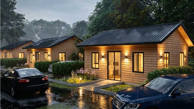Bright, modern modular prefab homes with wooden exteriors, suitable for quick assembly and social housing projects. Designed for durability, comfort, and efficient construction in community settings.