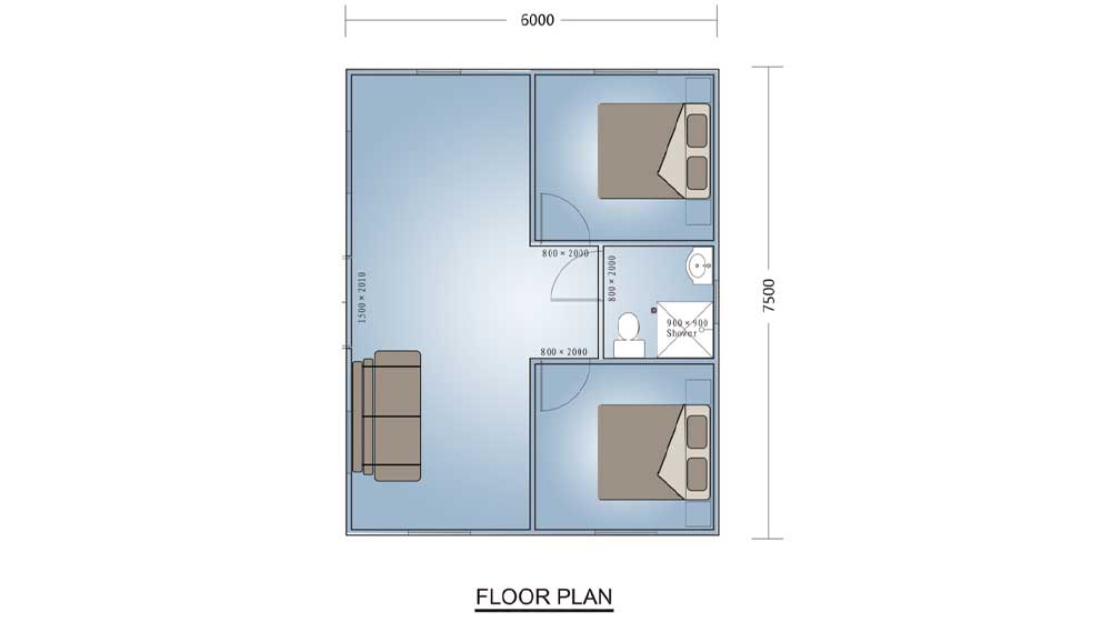 Detailed floor plan of a modular prefab home featuring two bedrooms, designed for quick assembly and social housing solutions.