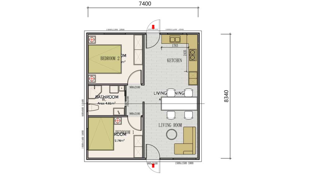 Detailed floor plan of a modern residential home featuring two bedrooms, a bathroom, kitchen, and living areas, designed for efficient space utilization.