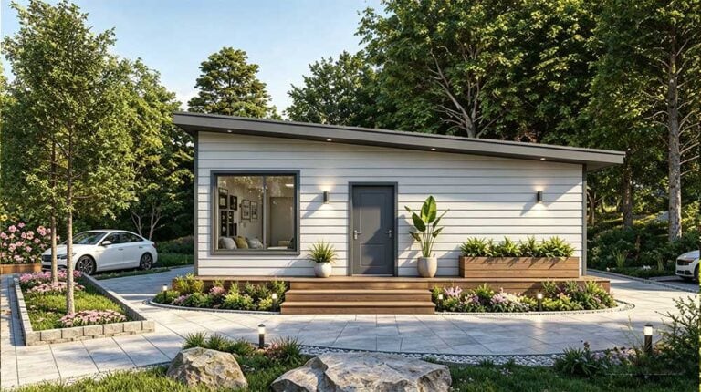 A modern tiny home featuring sleek white siding, large windows, and a landscaped front yard with plants, flowers, and a wooden deck, set in a lush green environment.