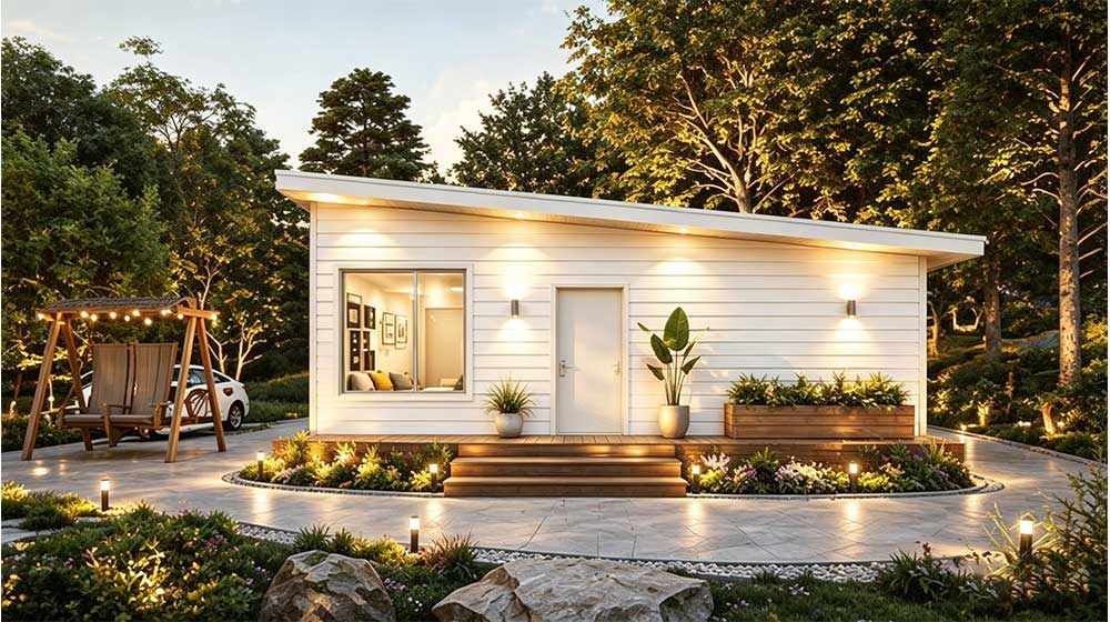 Contemporary tiny home featuring a sleek white exterior, large windows, outdoor deck with seating, and lush landscaping, ideal for modern minimalist living.