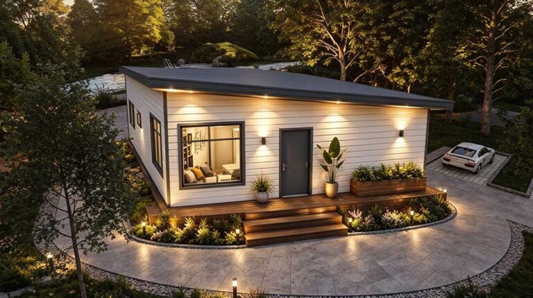 A cozy modern tiny home featuring exterior lighting, large windows, and a landscaped yard with plants and pathway, set in a lush green environment.