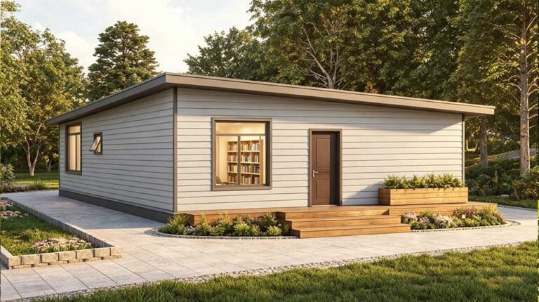 Contemporary tiny house featuring a wooden deck, garden beds, and large windows, set in a lush green environment, ideal for sustainable living and compact home design.