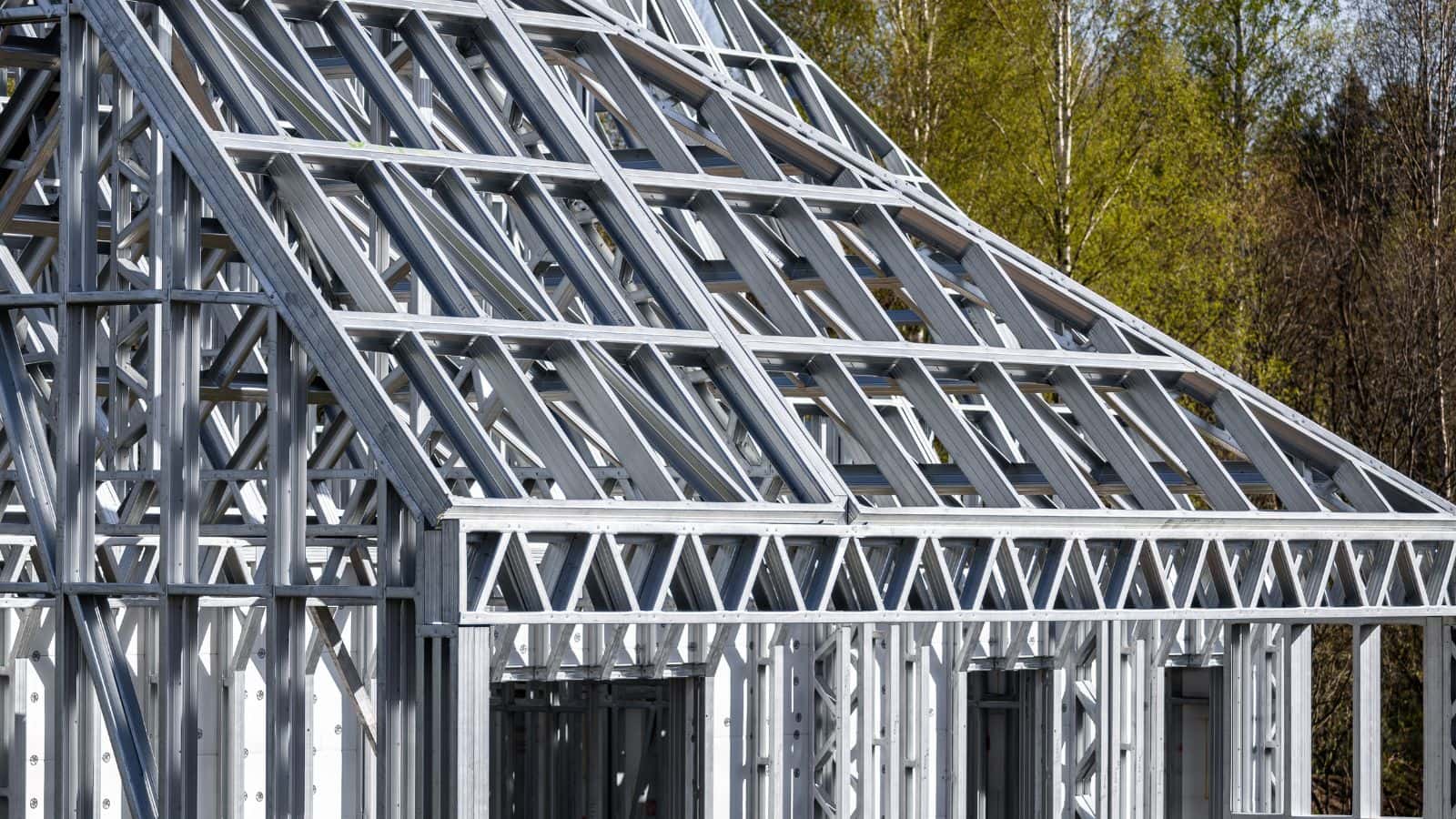 Steel framework of a modular home under construction, highlighting storm-resistant features and structural integrity for tornado safety.