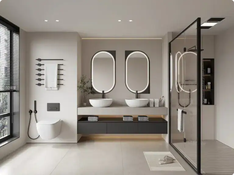 Contemporary bathroom with dual sinks, large mirrors, and a glass-enclosed shower, featuring sleek fixtures and minimalist decor for a stylish, functional space.