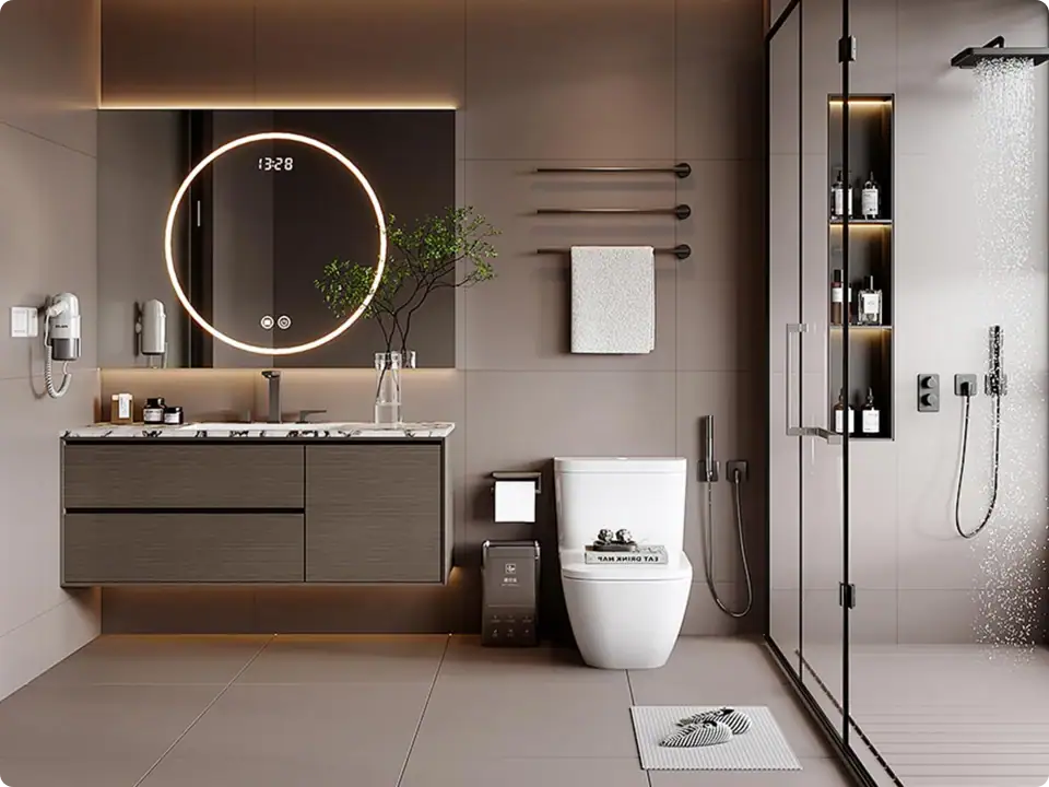 Contemporary bathroom featuring a stylish illuminated round mirror, modern vanity, and spacious shower area, emphasizing clean design and functional elegance for a luxurious home environment.