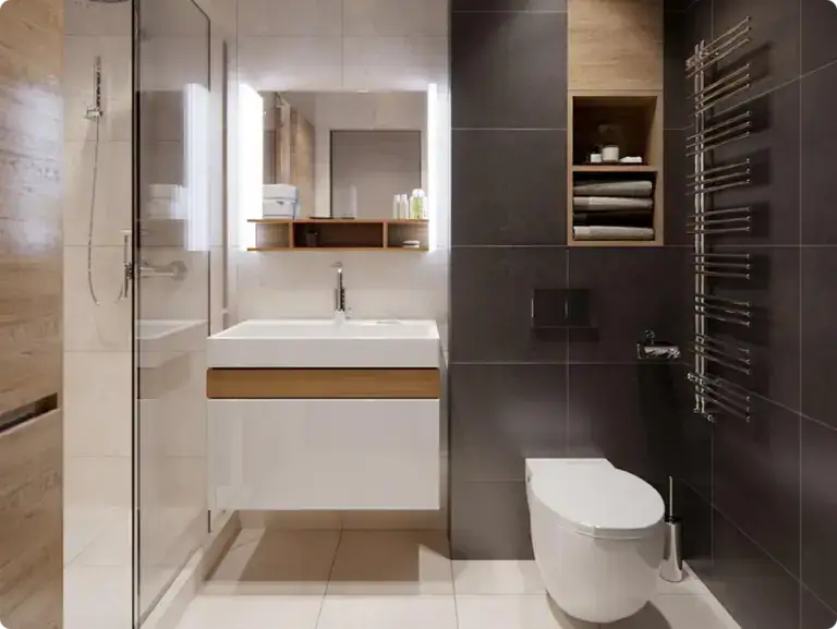 Contemporary bathroom featuring a sleek white vanity, wooden shelves, and a glass shower enclosure, complemented by dark wall tiles and a modern toilet.