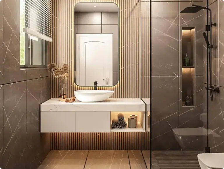 Contemporary bathroom featuring a stylish vanity with a vessel sink, large mirror, and walk-in shower with glass enclosure, showcasing modern decor and natural light.