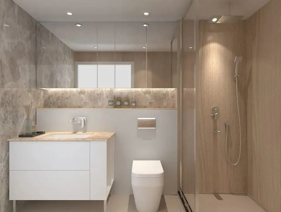 Elegant bathroom featuring a contemporary design with a walk-in shower, wall-mounted toilet, and stylish vanity for a clean, functional space.