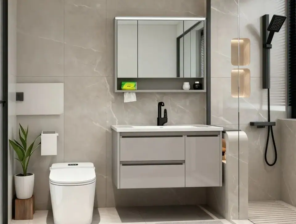 Elegant bathroom vanity with mirror, black faucet, and wall-mounted storage.