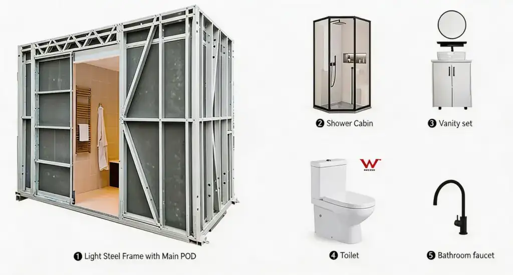 Light steel frame shower pod with a spacious interior and modern design, featuring a main POD for a luxurious bathroom upgrade. Ideal for contemporary home renovations and stylish bathroom solutions.