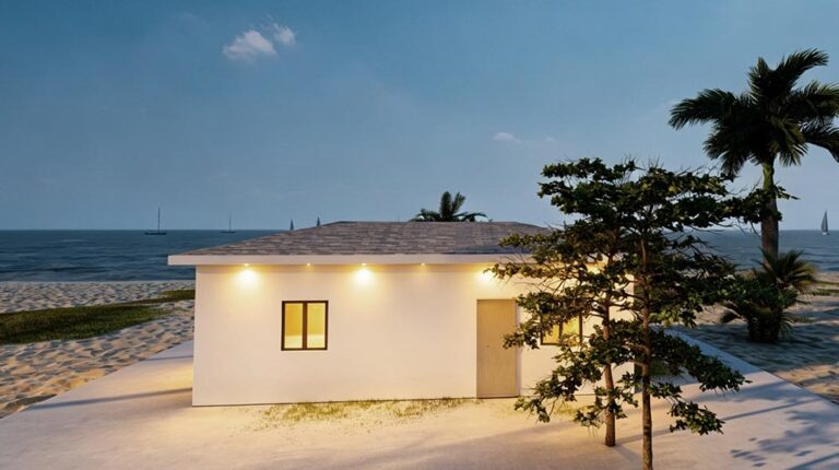 Contemporary prefab house near the beach with minimalist design, large windows, and outdoor lighting, ideal for eco-friendly living and seaside retreats.