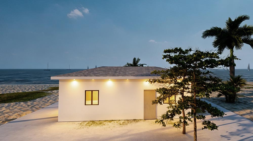 Contemporary prefab house near the beach with minimalist design, large windows, and outdoor lighting, ideal for eco-friendly living and seaside retreats.