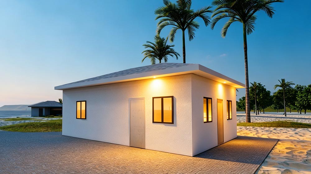 A modern, eco-friendly wooden prefab house situated near a beach with palm trees, showcasing sustainable construction and stylish design for affordable living.
