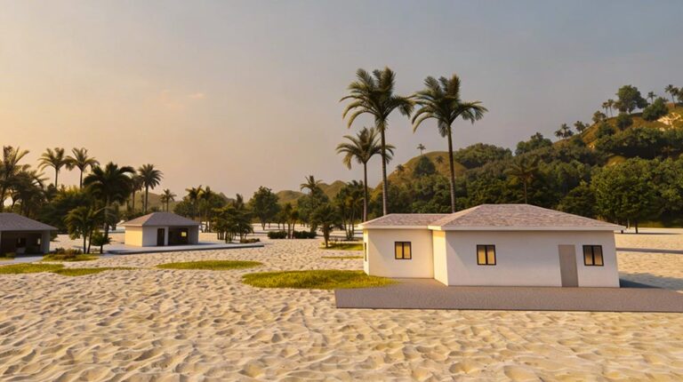 Modern beachside modular house with white exterior, surrounded by palm trees on sandy terrain, showcasing eco-friendly design and compact living suitable for coastal environments.