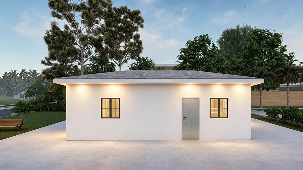 Prefab eco-friendly wooden house with simple design, two windows, and a door, set in a lush green environment. Ideal for affordable granny flats or small modular homes, emphasizing sustainability and.