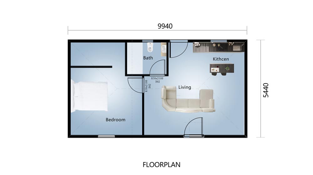 Floor plan of a modern, eco-friendly modular wooden bungalow featuring a bedroom, living area, kitchen, and bathroom, ideal for affordable granny flats or tiny homes.