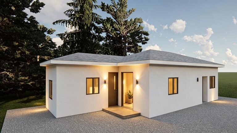 Contemporary eco-friendly modular house with white exterior, large windows, and a welcoming entrance, ideal for sustainable living and affordable housing solutions.
