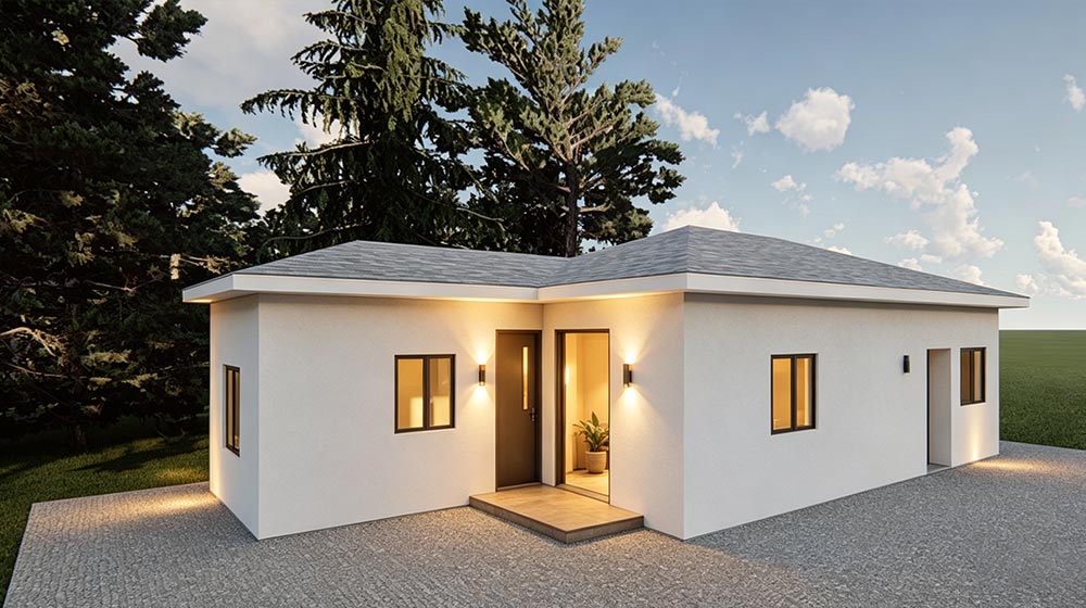Contemporary eco-friendly modular house with white exterior, large windows, and a welcoming entrance, ideal for sustainable living and affordable housing solutions.