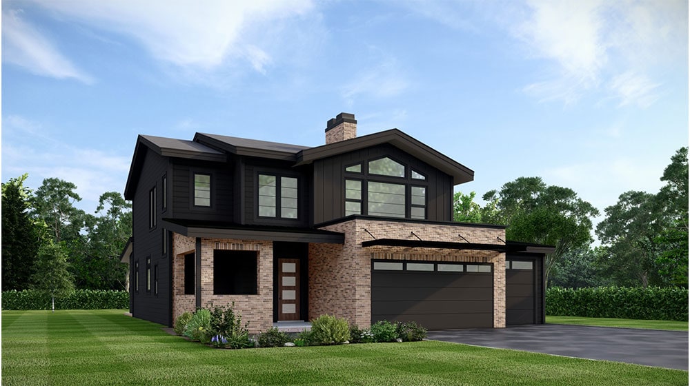 A contemporary two-story house featuring black exterior siding, brick accents, large windows, and a spacious garage, set in a lush green landscape under a bright blue sky.