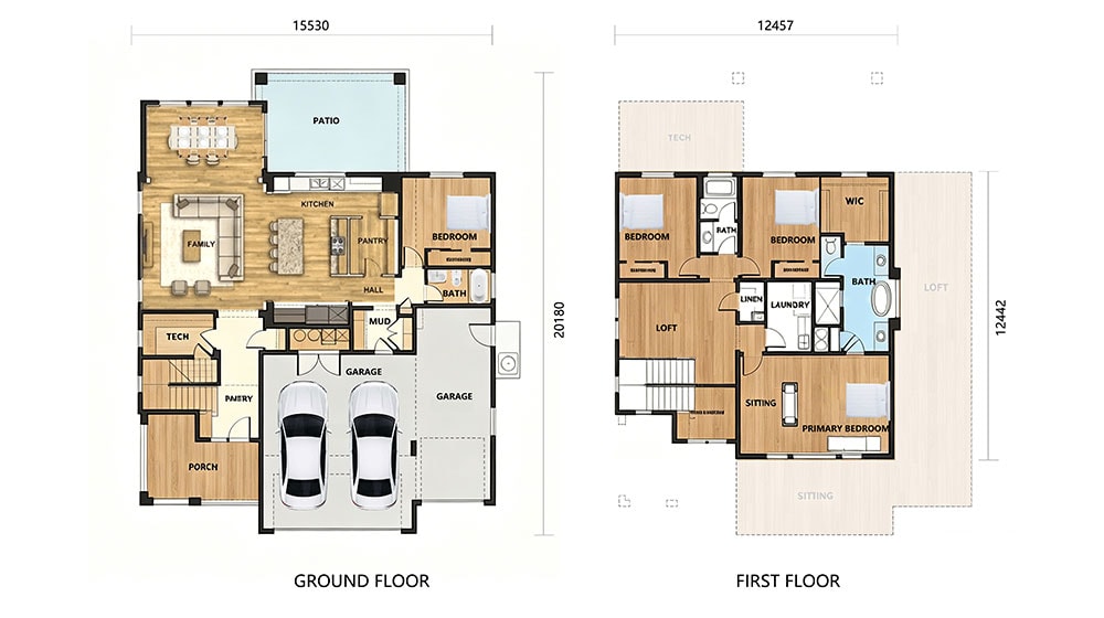 Elegant two-story house layout with spacious living areas, multiple bedrooms, and outdoor patio for comfortable living and entertaining.