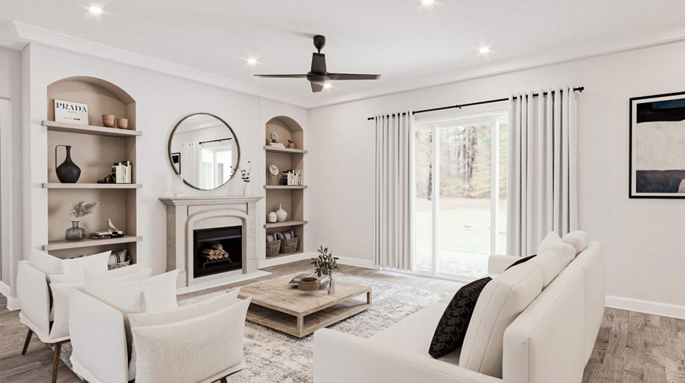 Bright and airy living room featuring a white sofa, fireplace, built-in shelves, and large sliding glass doors with white curtains, ideal for contemporary home decor.