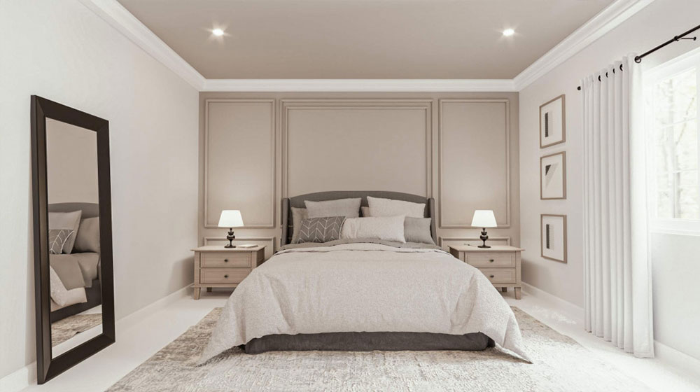 Elegant bedroom featuring a large bed with neutral bedding, two matching nightstands with lamps, a full-length mirror, and soft natural light from large windows with white curtains.