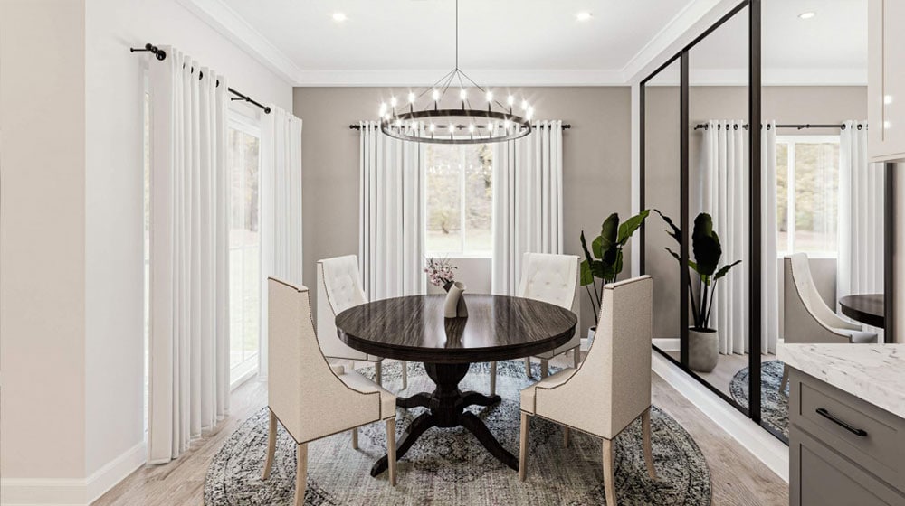 Elegant dining room featuring white walls, large windows with white curtains, and a round dark wood table with six upholstered chairs, creating a bright and inviting space.