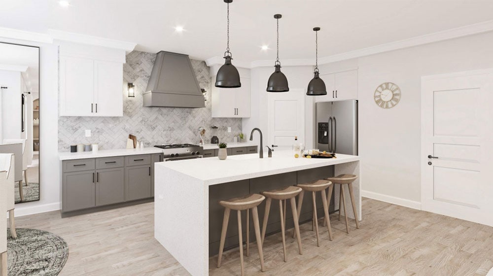 Bright, contemporary kitchen featuring a spacious island, sleek cabinetry, and stylish pendant lights, perfect for modern home living and entertaining.
