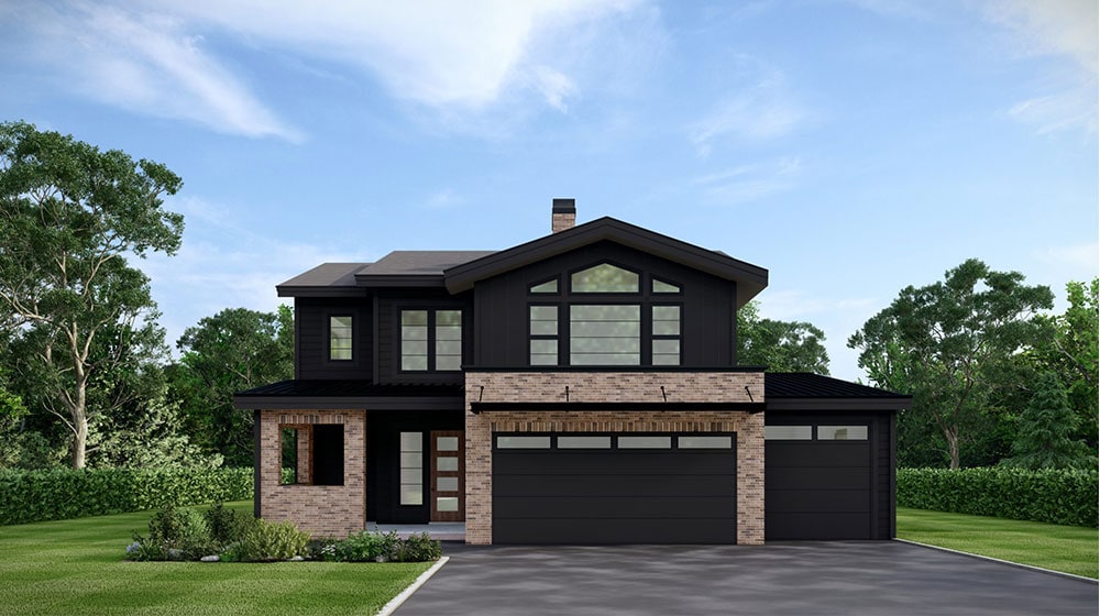 A modern two-story house featuring a combination of brick and dark siding, large windows, and a spacious garage, set in a lush green landscape under a clear blue sky.