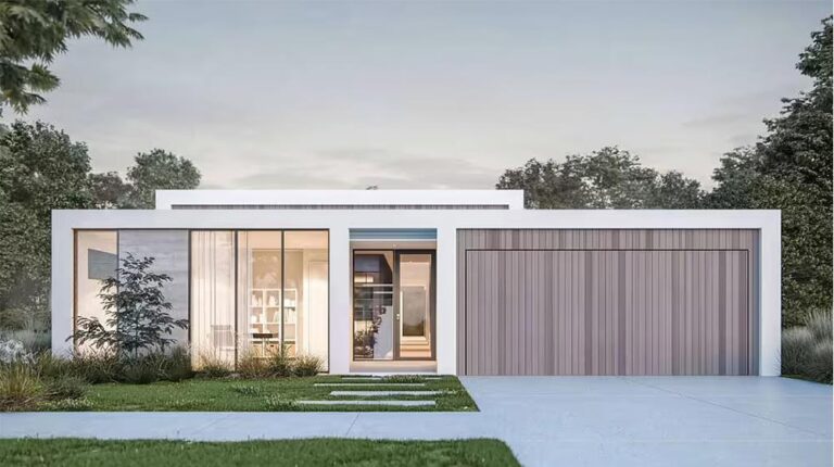 Modern minimalist house with sleek design, expansive glass windows, and contemporary architecture, set in a lush green landscape, showcasing innovative home construction and stylish exterior finishes.