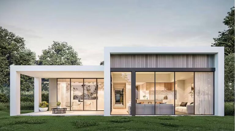 Modern minimalist house with expansive glass windows and contemporary architecture, set in a lush green landscape, showcasing stylish living spaces and a focus on natural light and open design.