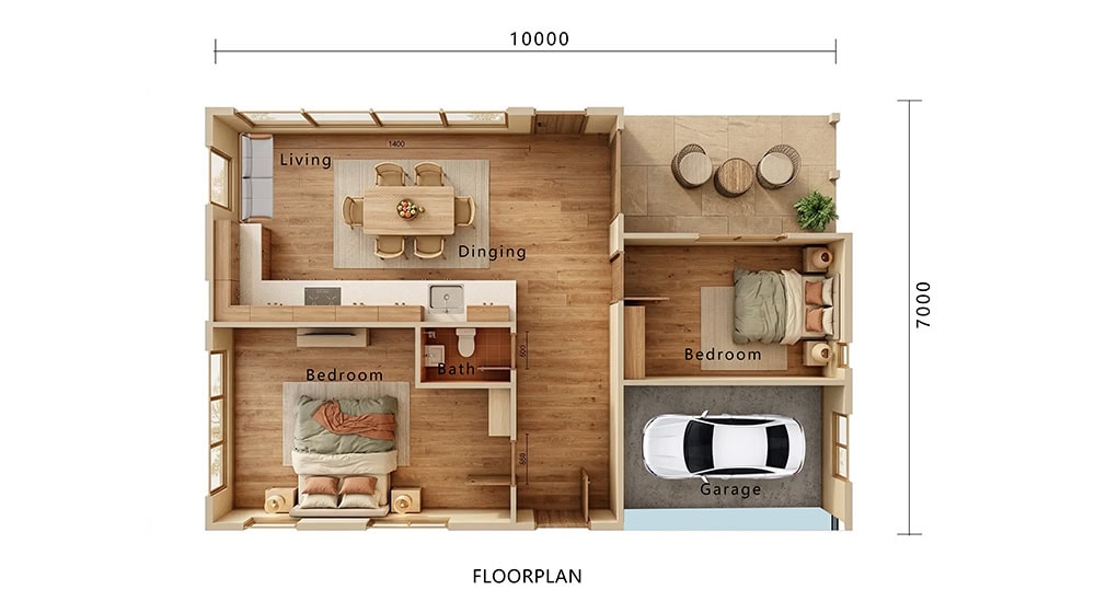 Modern wooden floorplan showcasing a cozy home layout with living, dining, kitchen, two bedrooms, bathroom, and garage. Ideal for efficient space utilization and stylish interior design.
